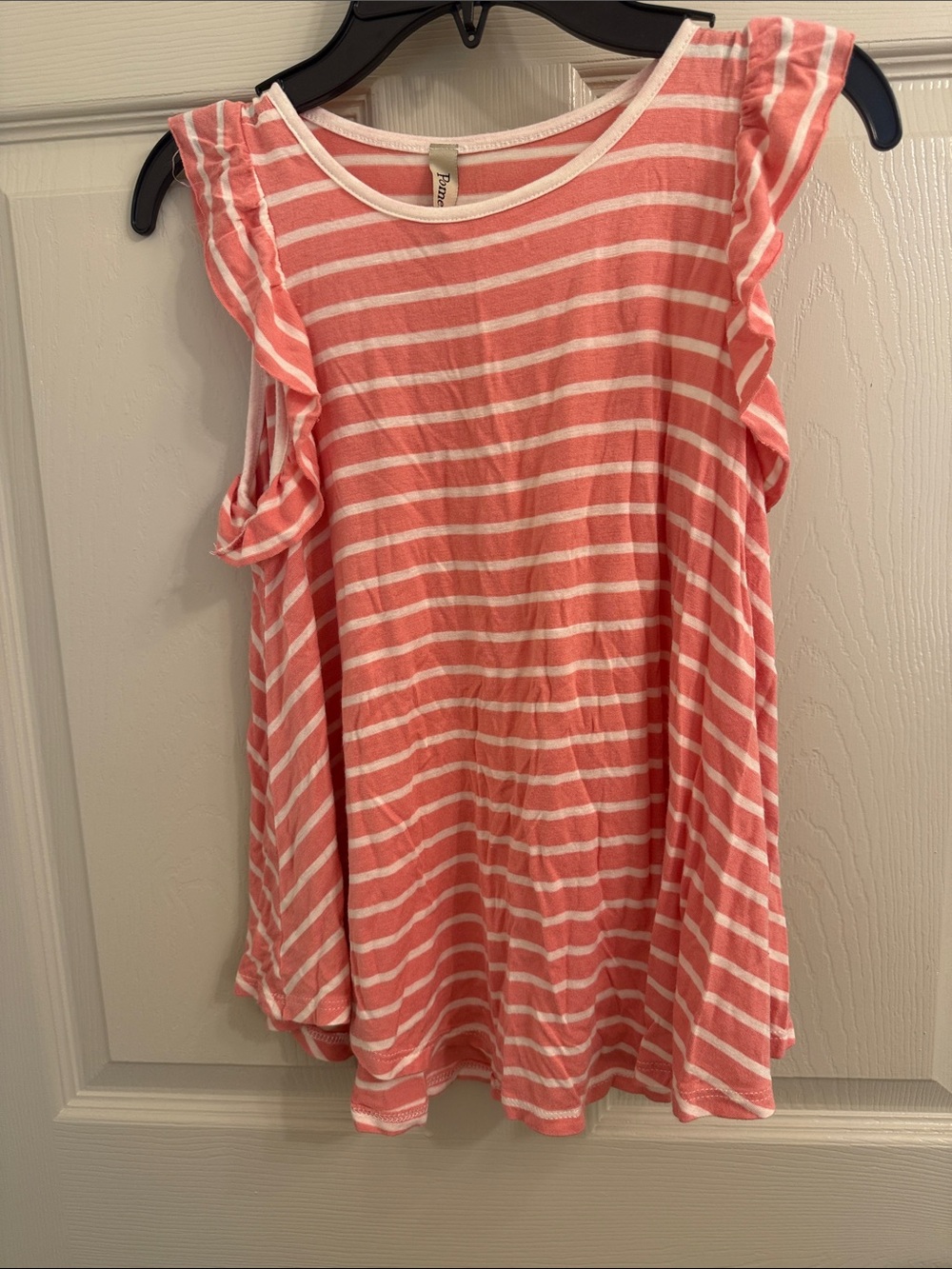 Pomelo Coral and White Striped Ruffle Tank